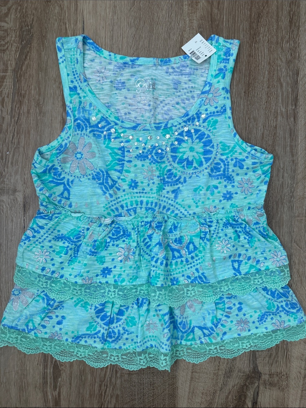 Justice Girl’s Aqua and Teal Floral Rhinestone Tank Top